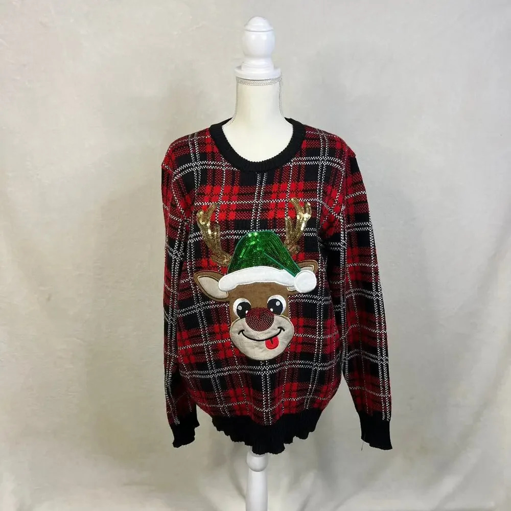 Happy Holidays Urban Heritage Women's XL Ugly‎ Christmas Sweater Plaid Reindeer